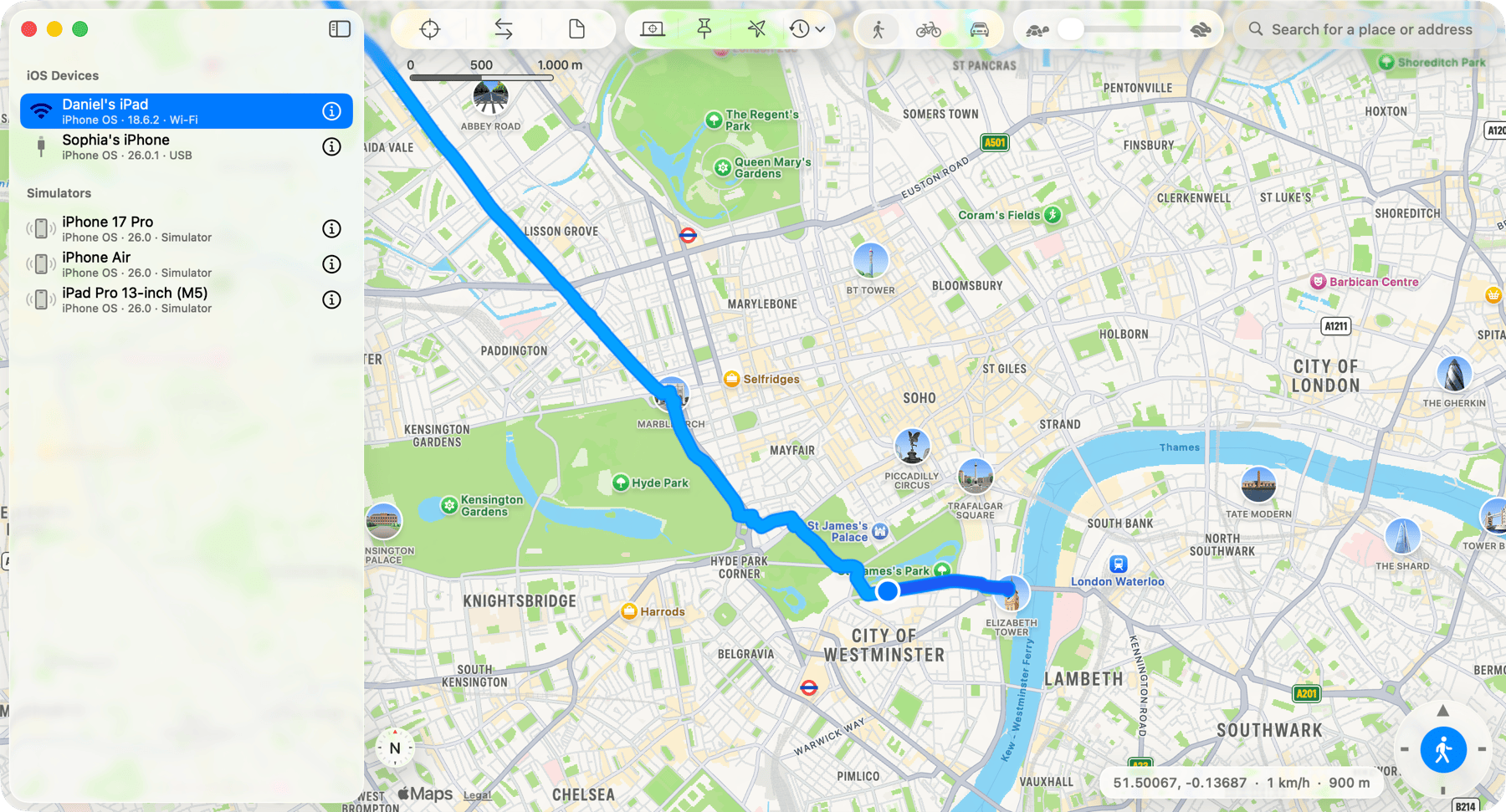 LocationSimulator in light mode showing connected iOS devices and a simulated walking route through London